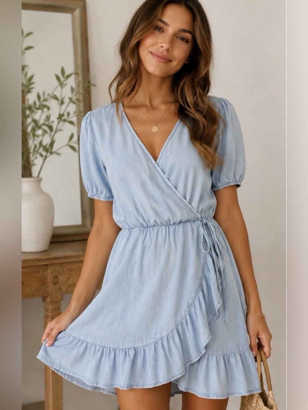 Madison & Hudson Light Blue Faux Wrap Ruffle Hem Mini Dress Size S